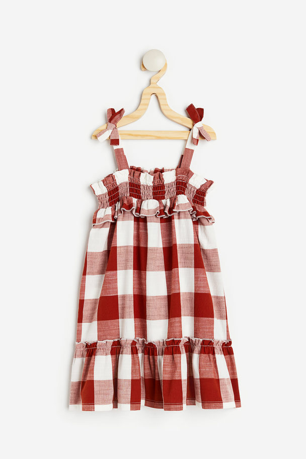 H&M Smocked Cotton Dress Rust Red/checked