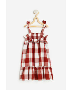 Smocked Cotton Dress Rust Red/checked