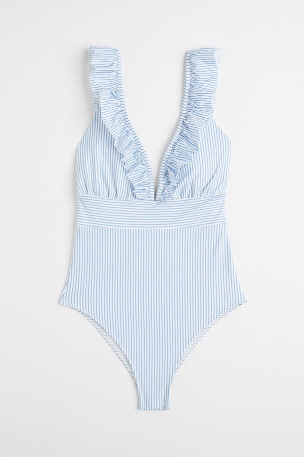 H&M Padded-cup Swimsuit Light Blue/striped