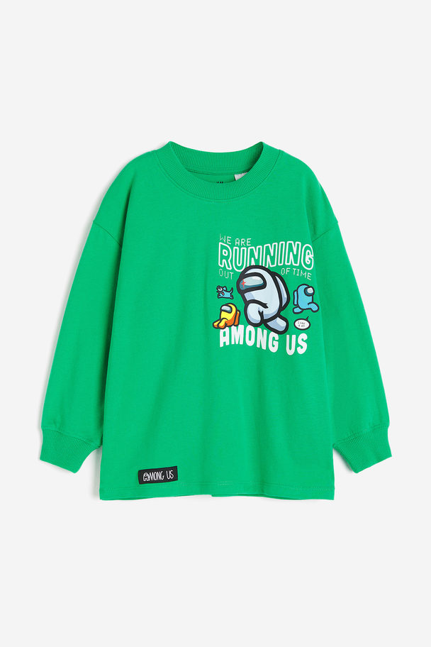 H&M Printed Long-sleeved T-shirt Bright Green/among Us