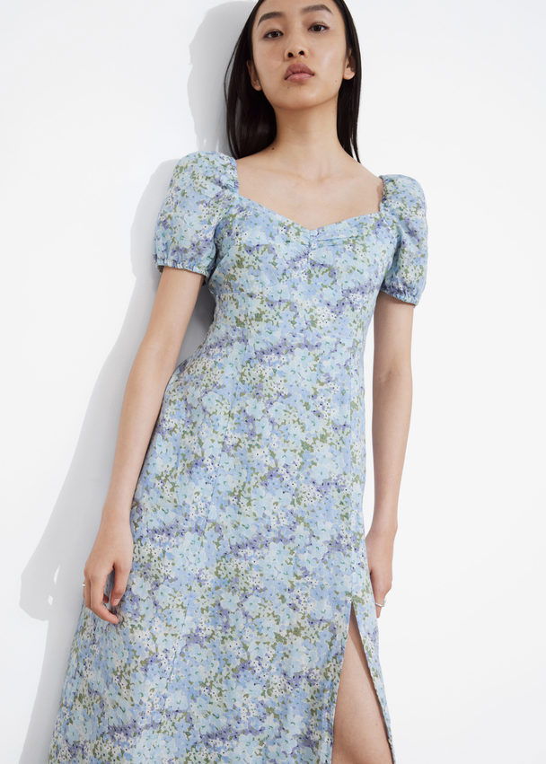 & Other Stories Puff Sleeve Midi Dress Light Blue Floral Print