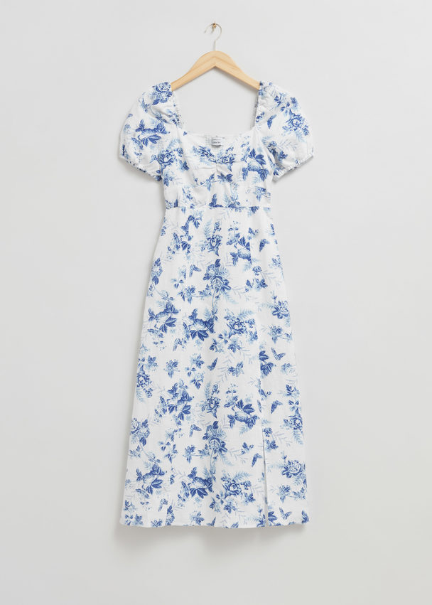 & Other Stories Puff Sleeve Midi Dress White/blue Floral Print