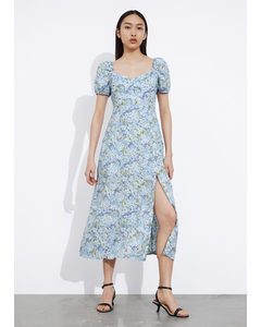 Midi-jurk Met Pofmouwen Lichtblauwe Bloemenprint