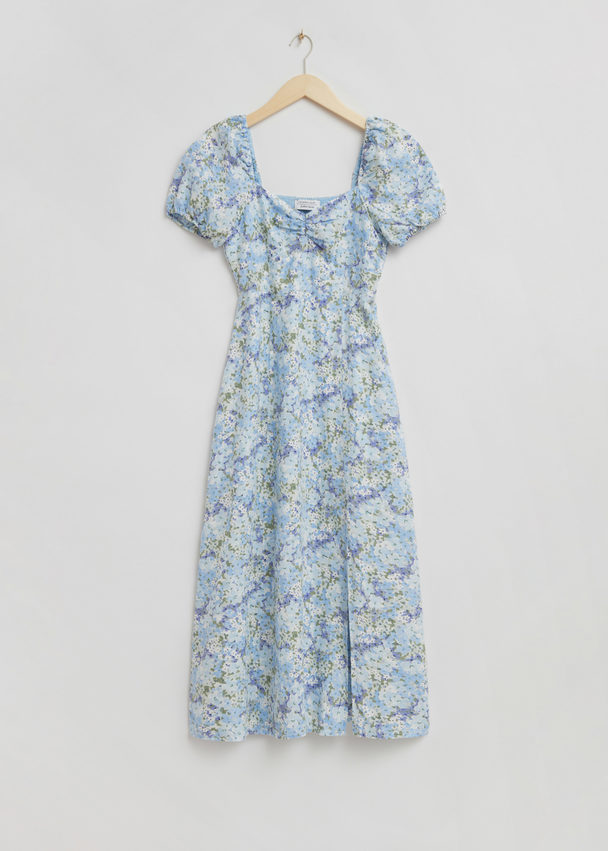 & Other Stories Puff Sleeve Midi Dress Light Blue Floral Print