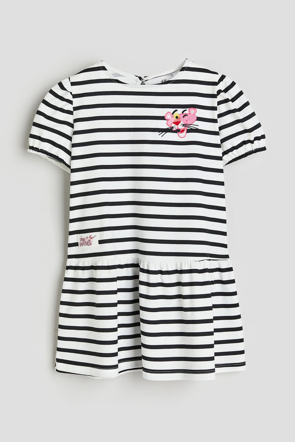 H&M Puff-sleeved Jersey Dress Black/pink Panther