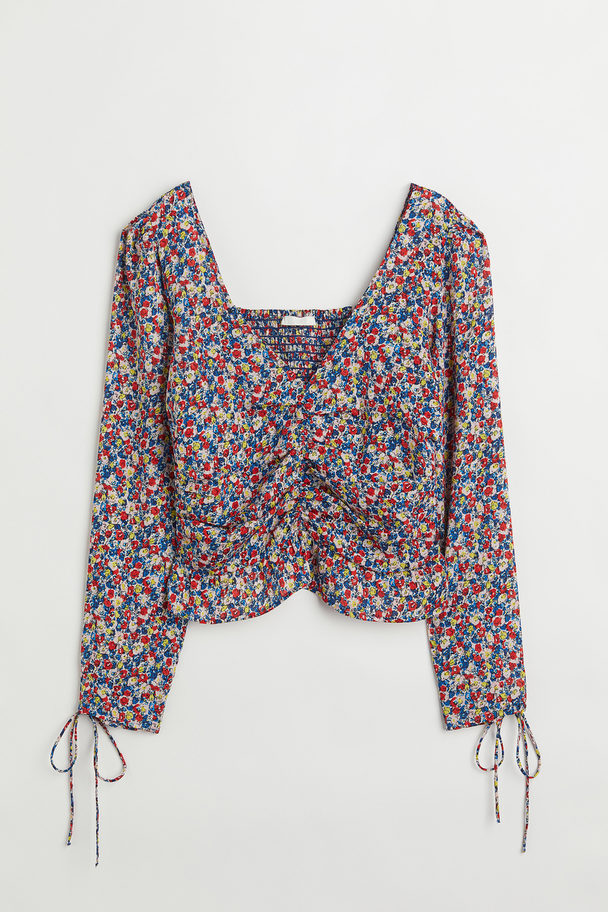 H&M Puff-sleeved Peplum Blouse Red/blue Floral