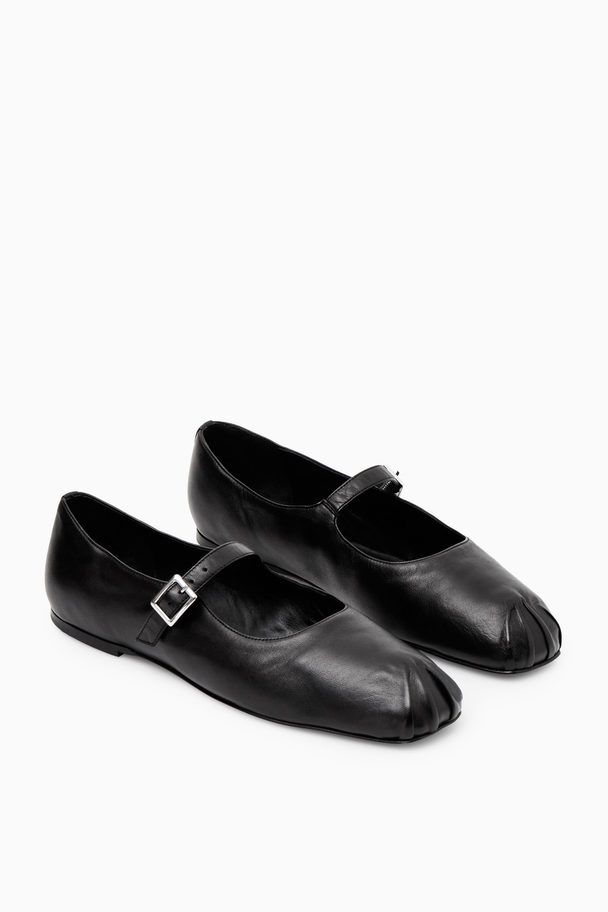 COS Pleated Leather Mary-jane Ballet Flats Black