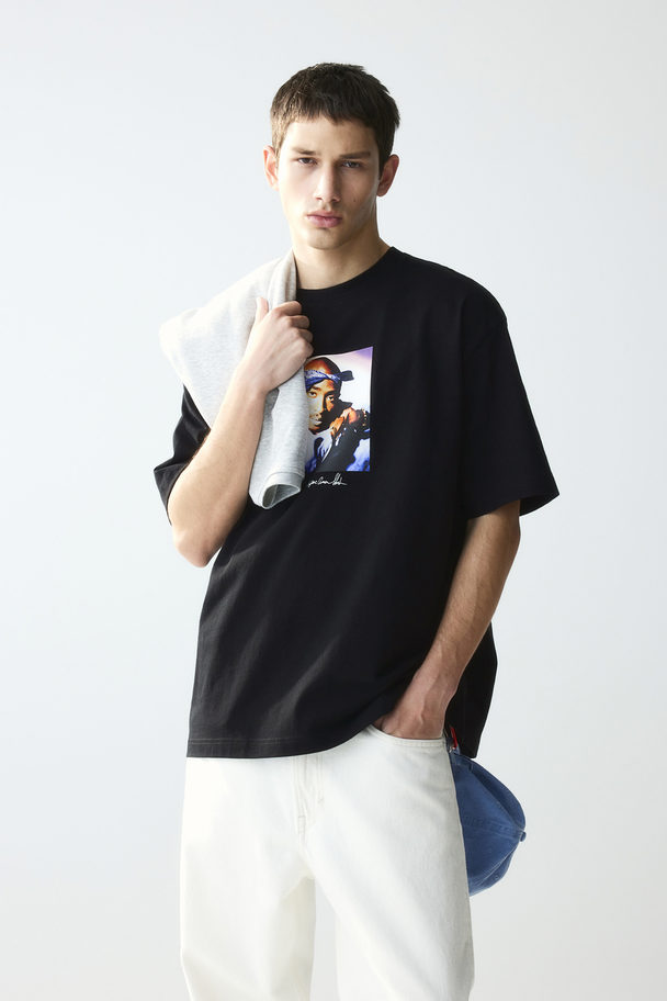 H&M T-shirt Met Print - Loose Fit Zwart/2pac