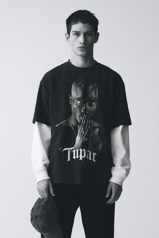 H&M T-shirt Med Tryk Loose Fit Sort/2pac
