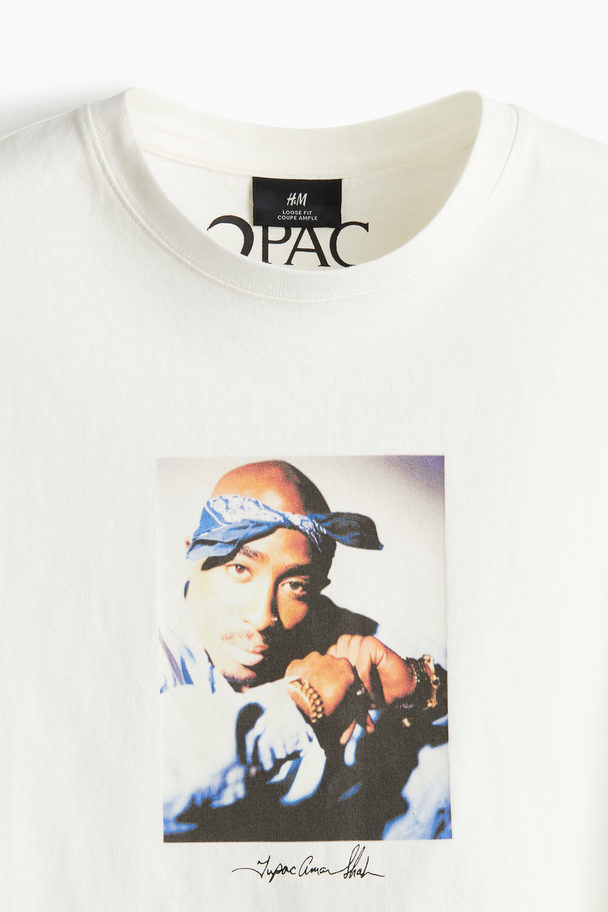 H&M T-shirt Med Tryk Loose Fit Hvid/2pac