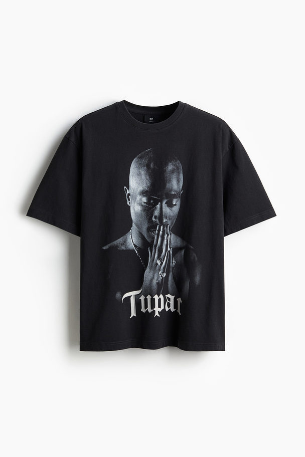 H&M T-shirt Med Tryk Loose Fit Sort/2pac