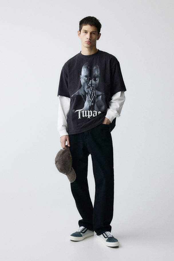 H&M T-shirt Met Print - Loose Fit Zwart/2pac