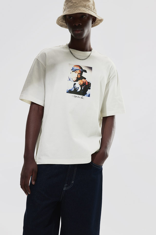 H&M Loose Fit Printed T-shirt White/2pac