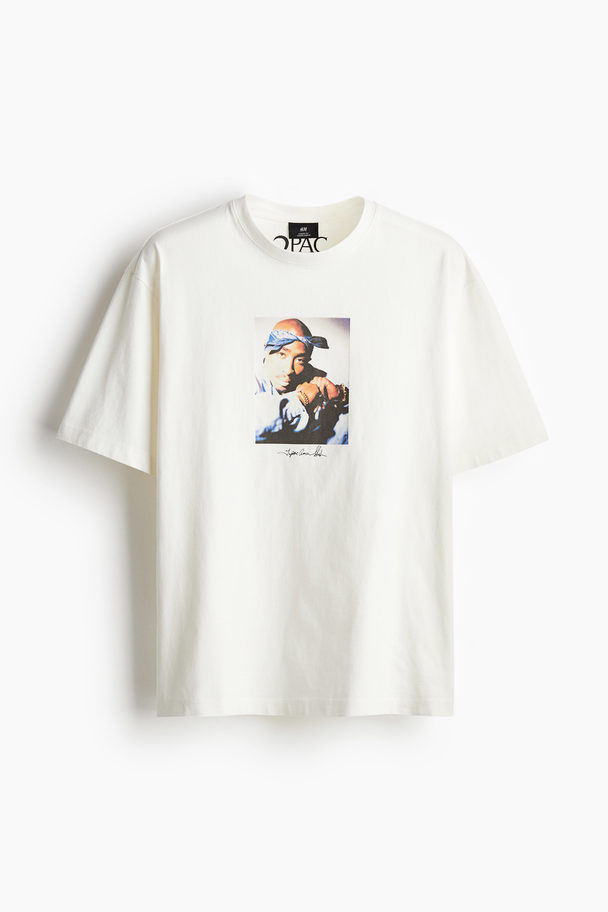 H&M Loose Fit Printed T-shirt White/2pac