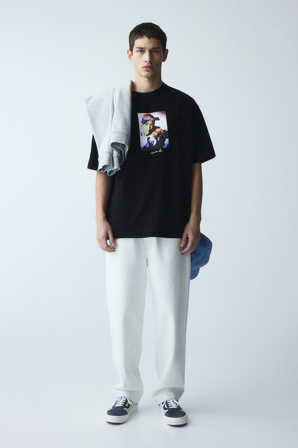 H&M Bedrucktes T-Shirt in Loose Fit Schwarz/2Pac