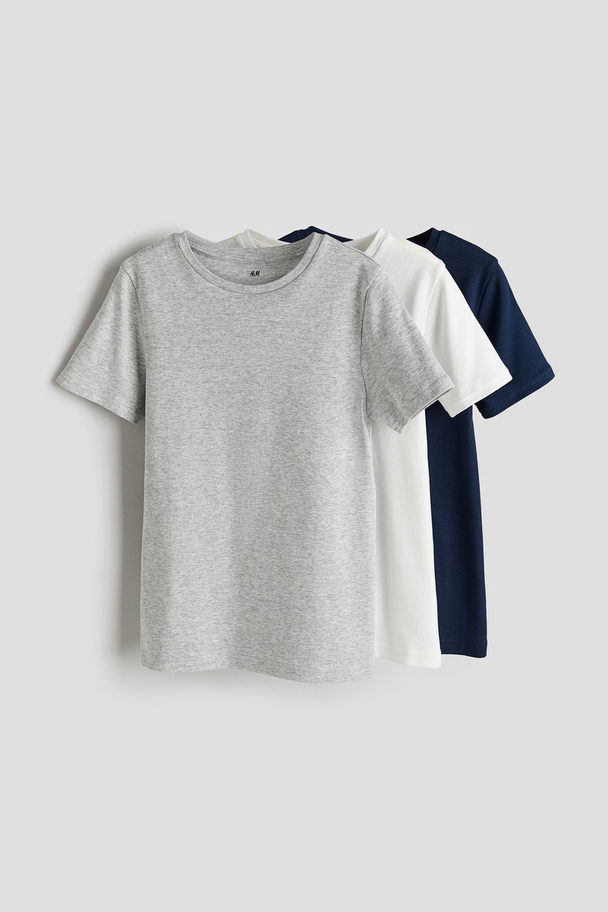 H&M 3-pack T-shirt I Bomullstrikot Lys Gråmelert/marineblå