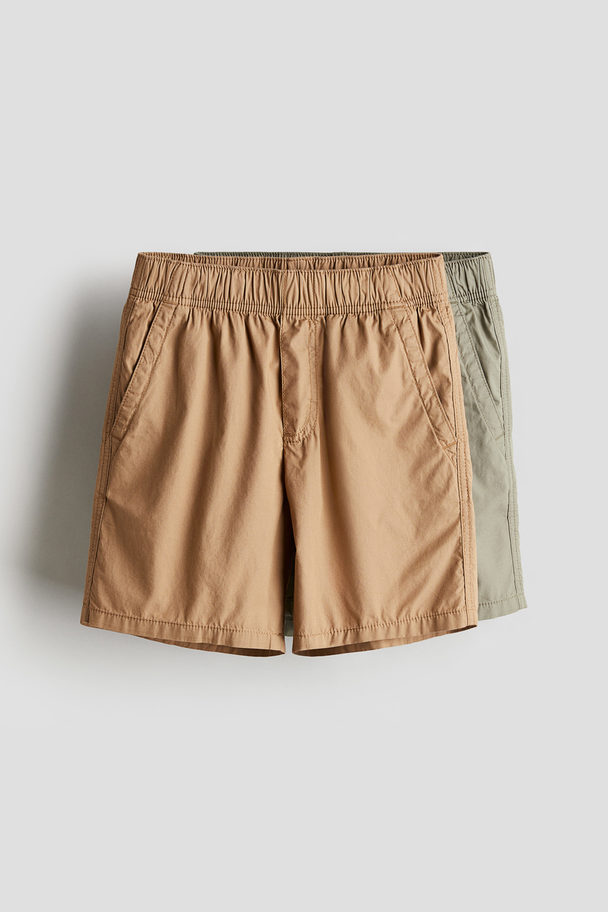 H&M 2-pack Pull-on Shorts Dark Beige/khaki Green