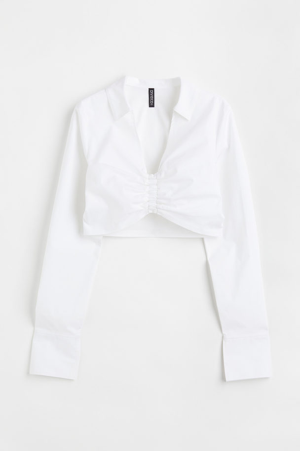H&M Cropped Skjorte Med Rynkning Hvid