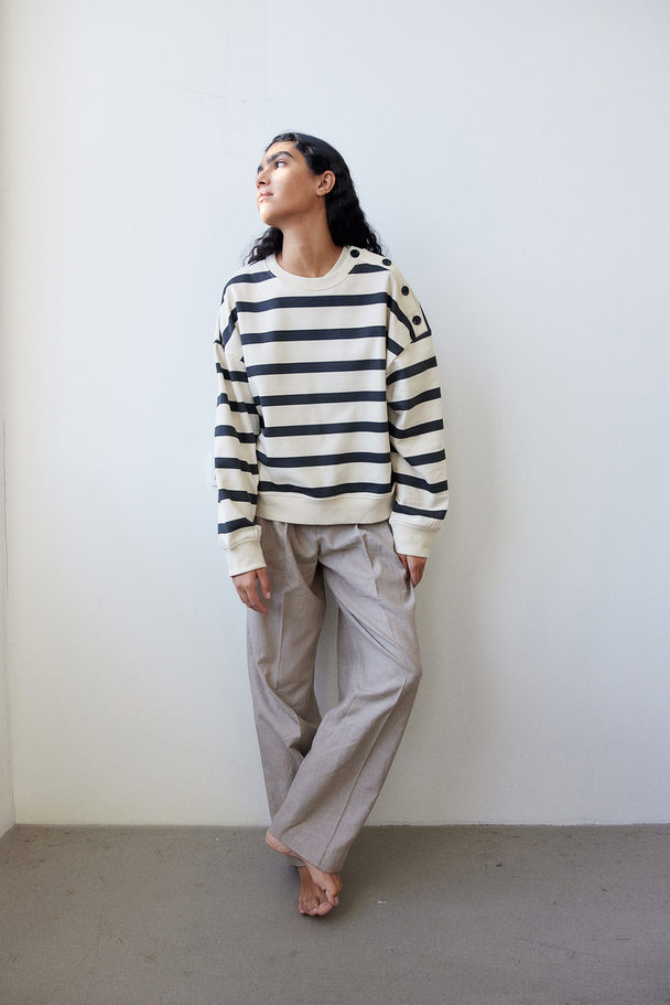 H&M Button-detail Sweatshirt Cream/black Striped