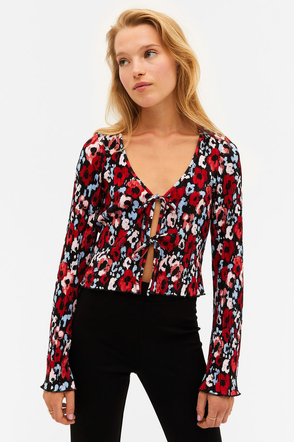 Monki Abstract Floral Pleated Tie Front Top Red And Blue Flowers