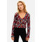 Abstract Floral Pleated Tie Front Top Red And Blue Flowers