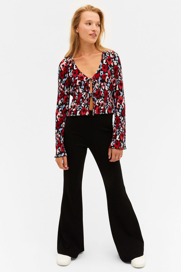 Monki Abstract Floral Pleated Tie Front Top Red And Blue Flowers