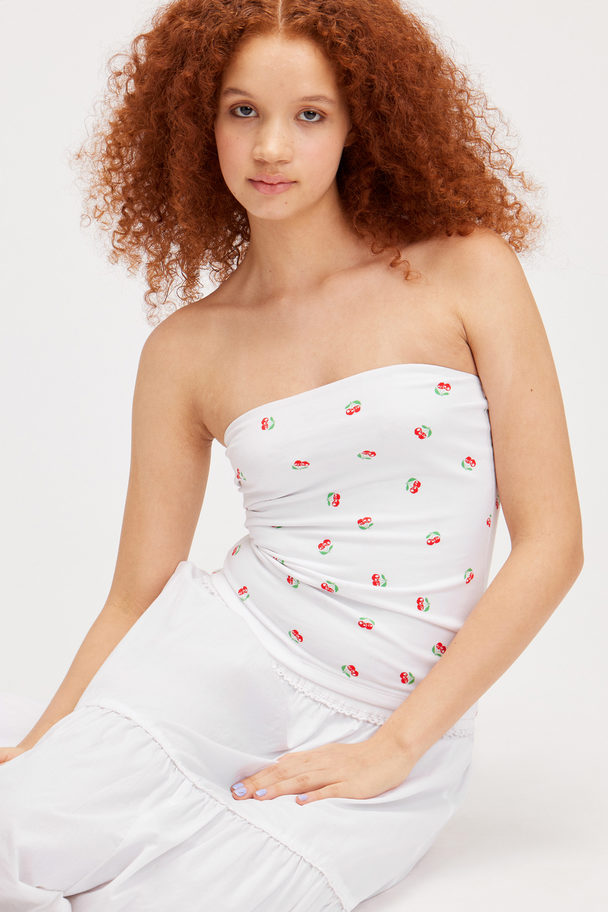 Monki Smooth Fitted Tube Top White W. Cherry Print