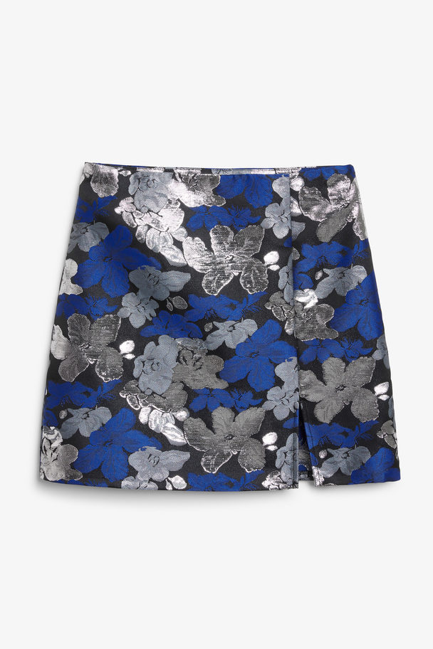 Monki Floral Jacquard Short Skirt Blue & Silver Flowers