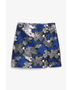 Floral Jacquard Short Skirt Blue & Silver Flowers