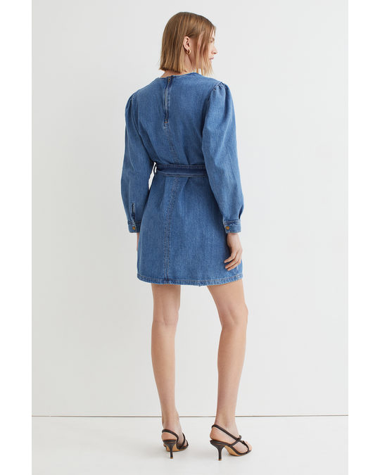H&M Puff-sleeved Denim Dress Denim Blue