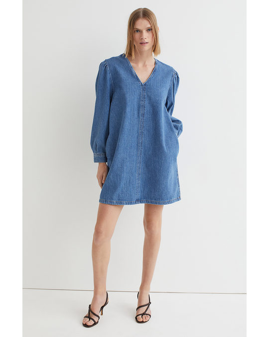 H&M Puff-sleeved Denim Dress Denim Blue