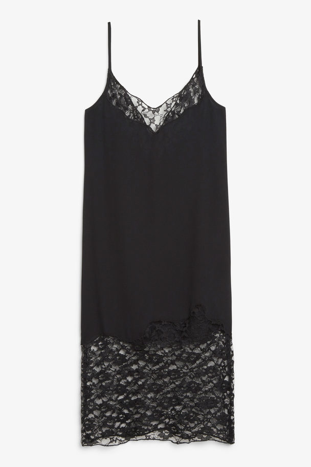 Monki Lace Detail Black Slip Dress Black