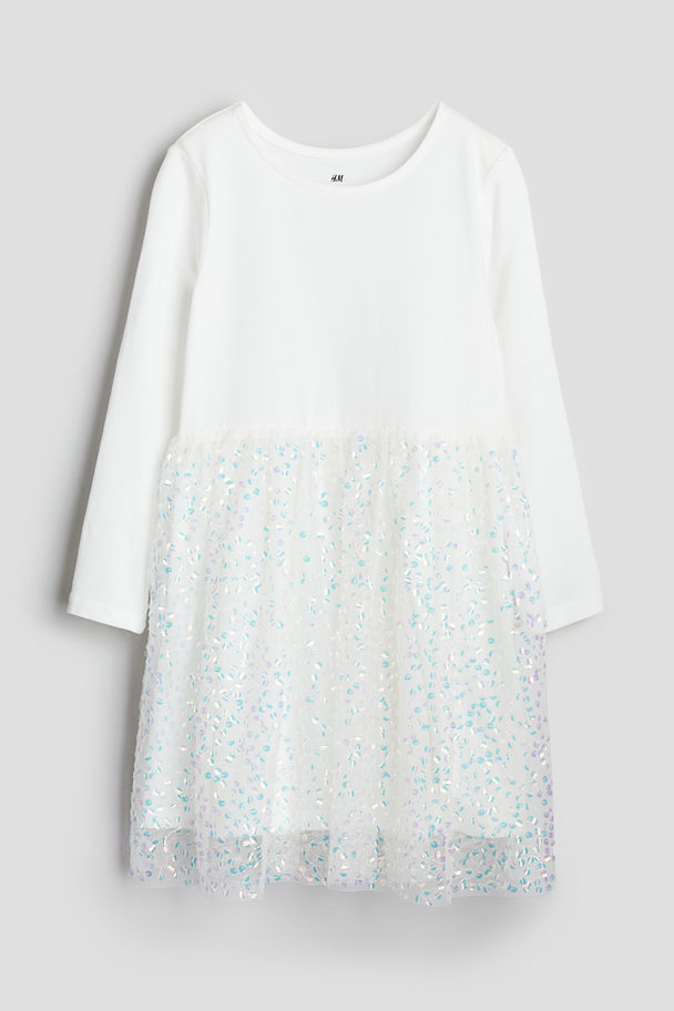H&M Sequin-skirt Jersey Dress White