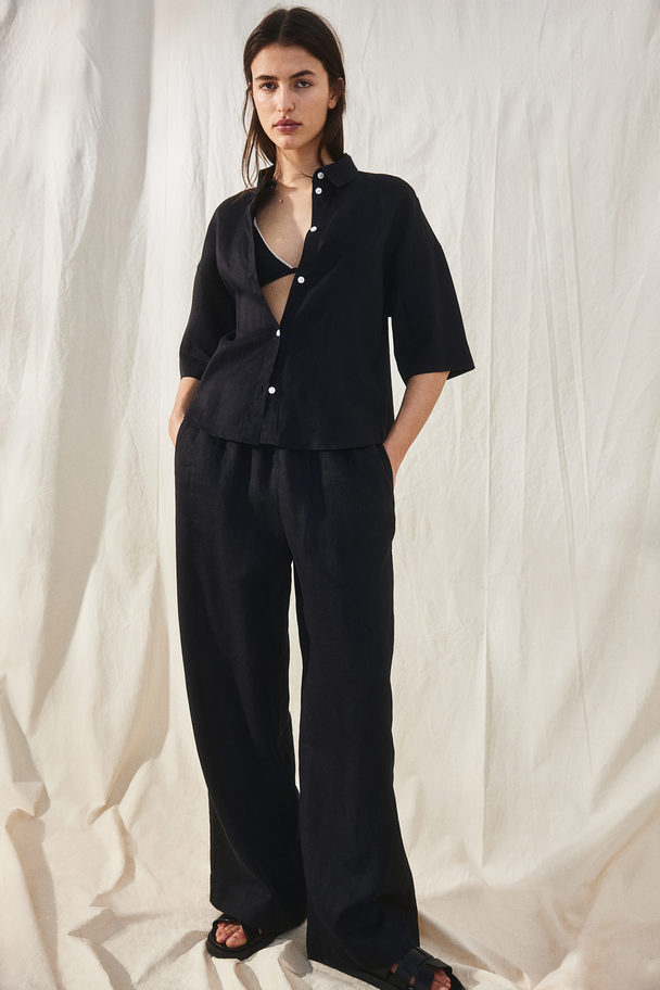 H&M Wide Linen Trousers Black