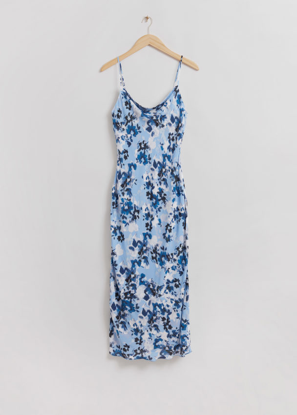& Other Stories Waterfall Neck Midi Dress Light Blue Floral Print