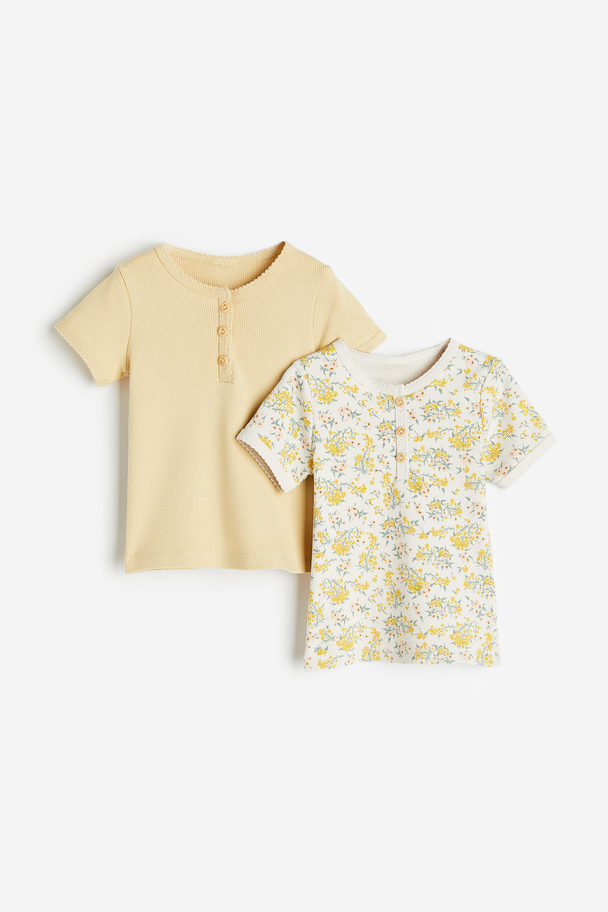 H&M Set Van 2 Geribde Shirts Roomwit/gele Bloemen