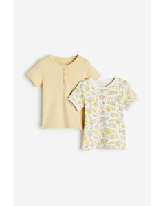 2er-Pack Gerippte Shirts Cremefarben/Gelbe Blumen