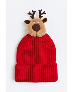 Rib-knit Pompom Hat Red/reindeer