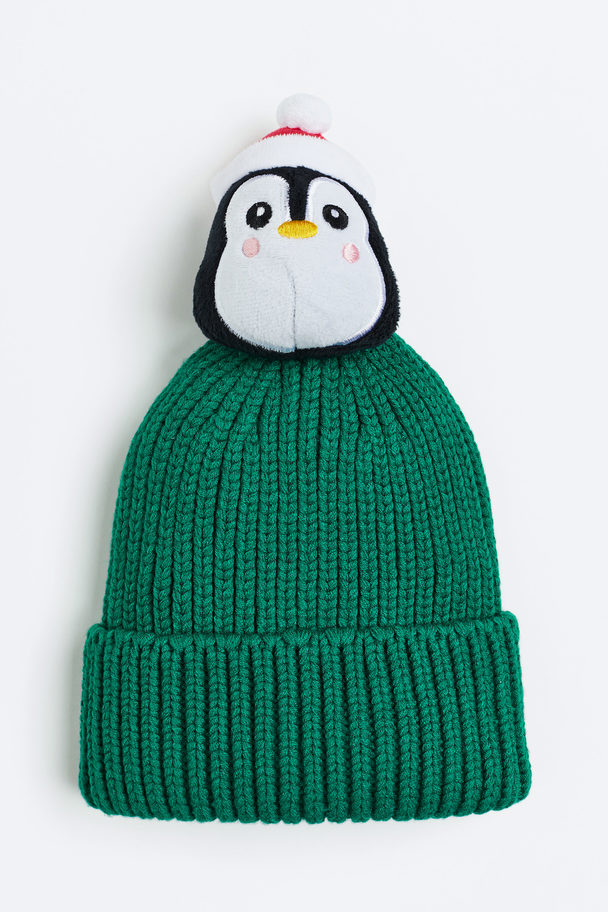 H&M Rib-knit Pompom Hat Green/penguin
