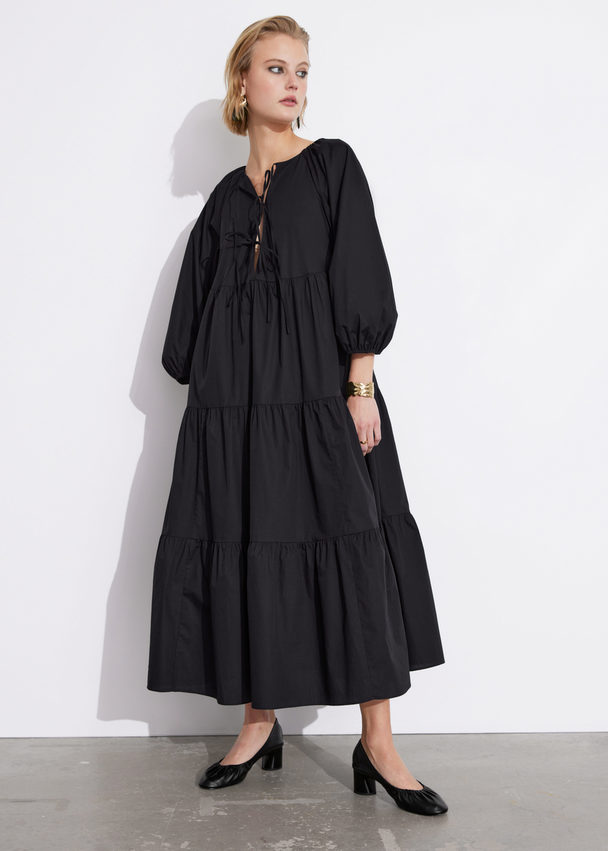 & Other Stories Tiered Tie-detail Midi Dress Black