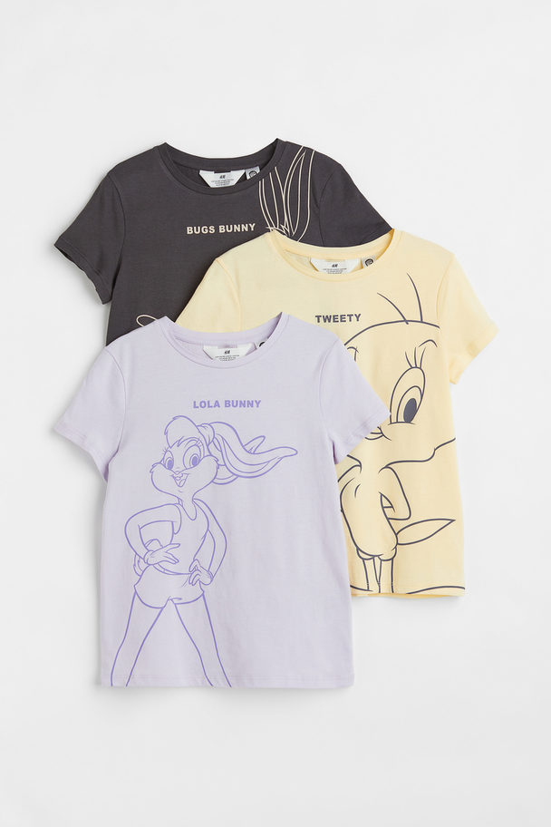 H&M Set Van 3 Tricot Shirts Met Print Lichtpaars/looney Tunes