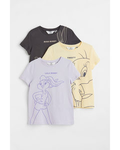 Set Van 3 Tricot Shirts Met Print Lichtpaars/looney Tunes