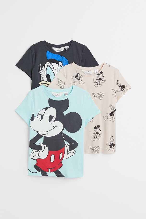H&M 3-pack Printed Jersey Tops Light Turquoise/mickey Mouse