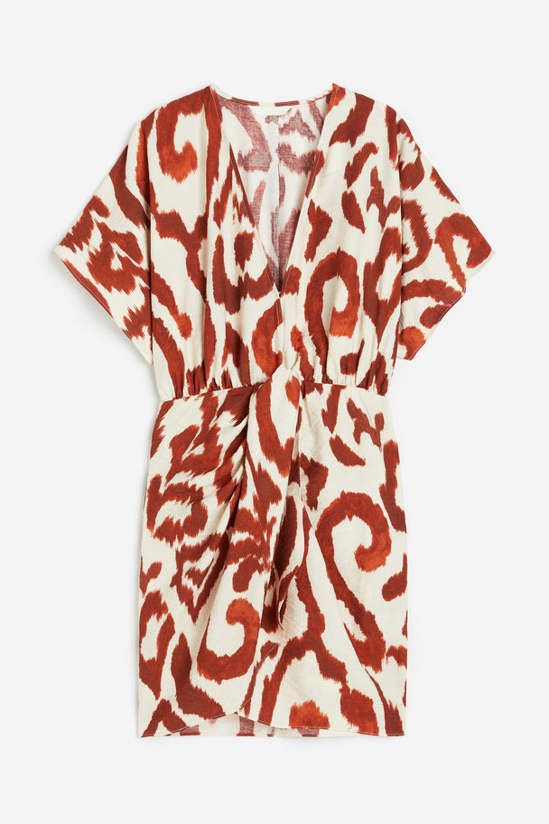 H&M Kleid mit V-Ausschnitt Cremefarben/Braun gemustert