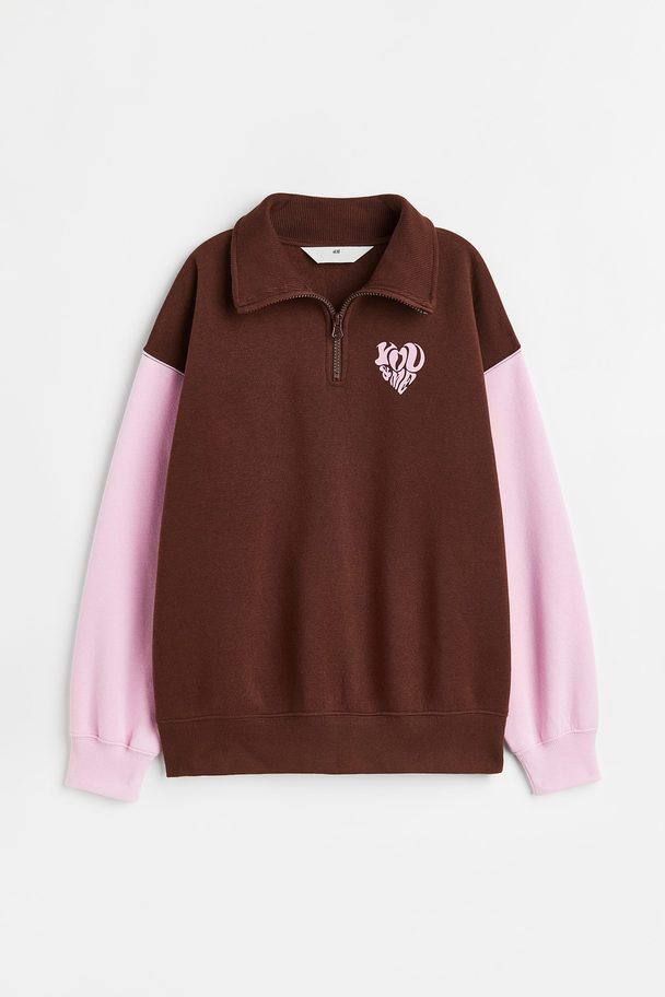 H&M Oversized Sweater Met Rits Donkerbruin/roze