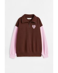 Oversized Zip-top Sweatshirt Dark Brown/pink