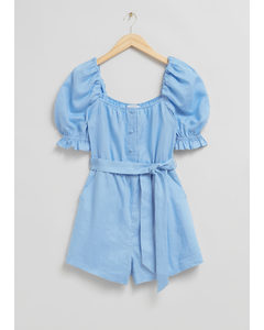 Square Neck Puff Sleeve Playsuit Light Blue