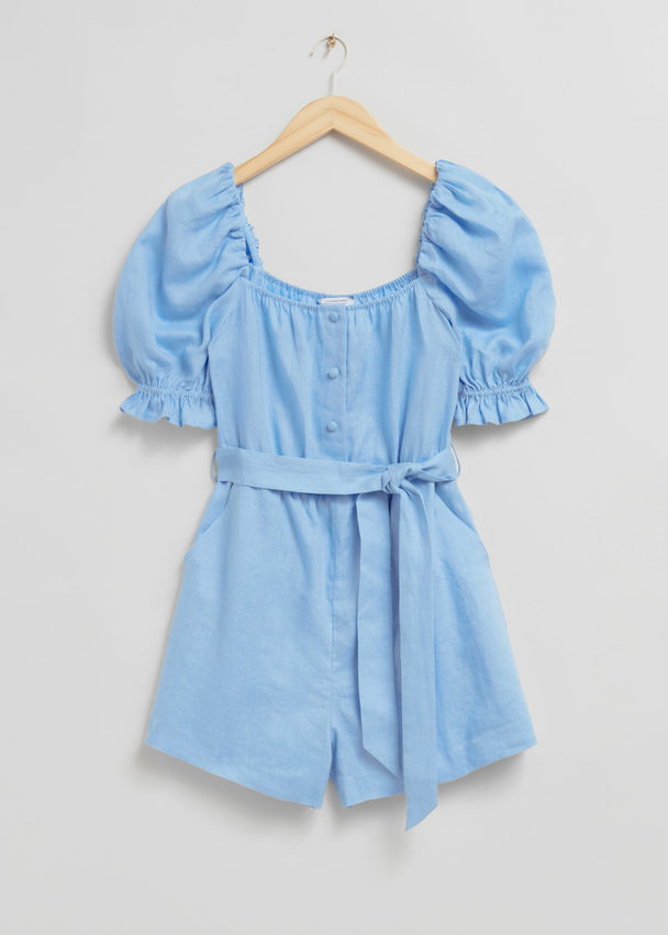 & Other Stories Square Neck Puff Sleeve Playsuit Light Blue