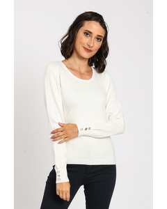 Round Neck Sweater With Pearl Buttons On Sleeves