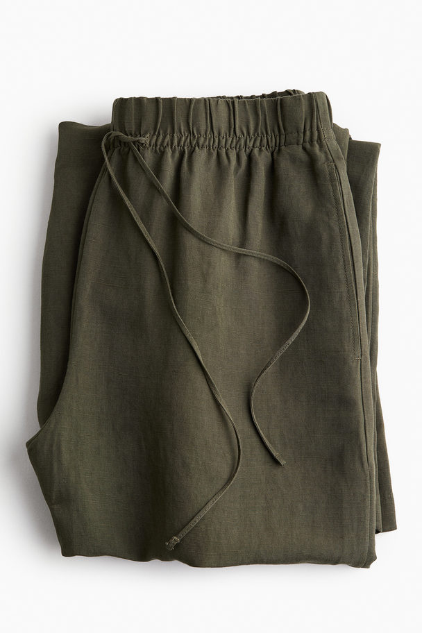 H&M Linen-blend Pull-on Trousers Dark Khaki Green